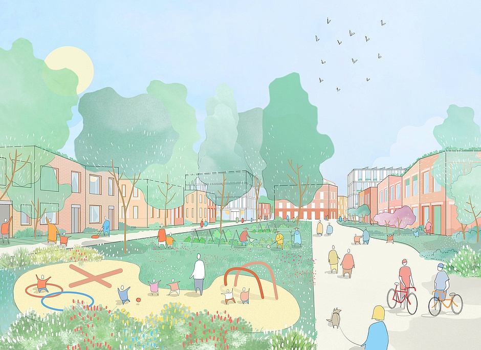 Visualisierung: Zeigt unversiegelte Freiflächen, die unmittelbar im Wohnumfeld integriert werden