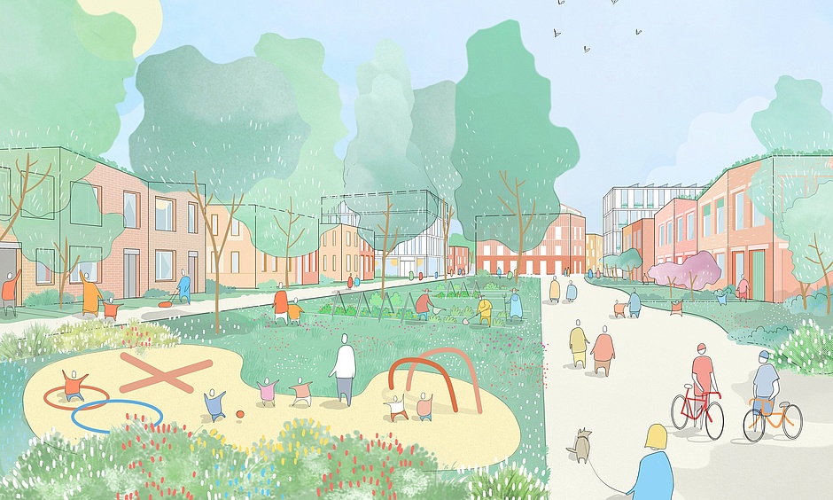 Visualisierung: Zeigt unversiegelte Freiflächen, die unmittelbar im Wohnumfeld integriert werden