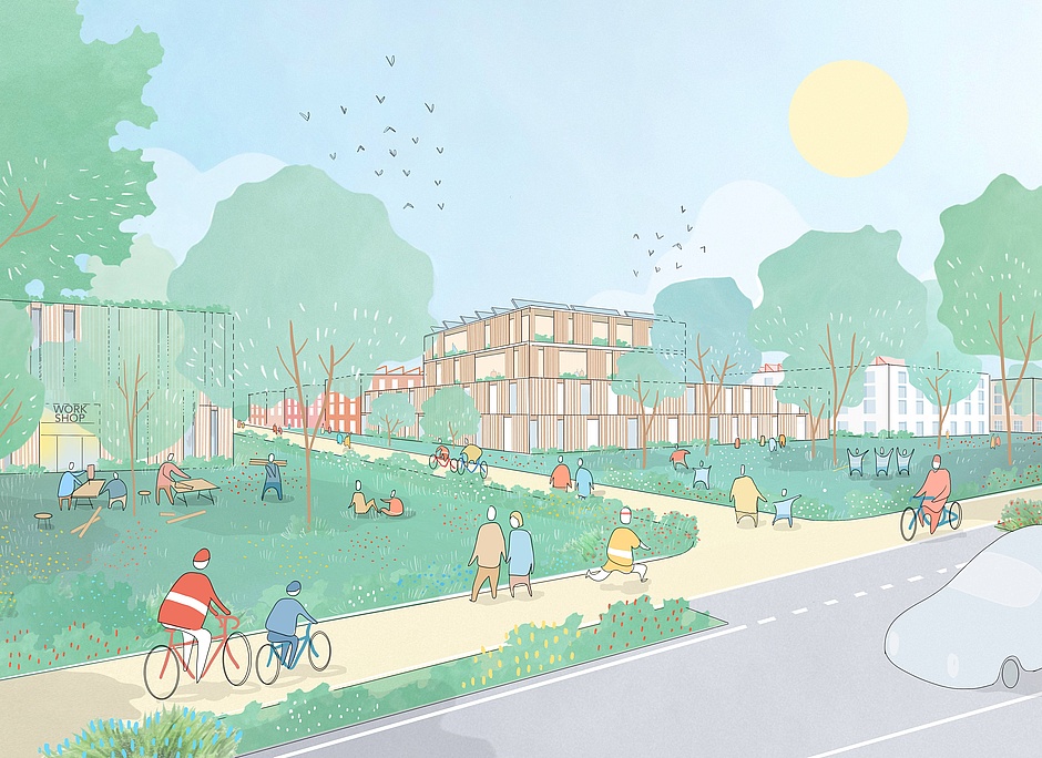 Visualisierung: Zeigt die Integration des Gewerbegebiets im Quartier Visualisierung: Zeigt die Integration des Gewerbegebiets im Quartier