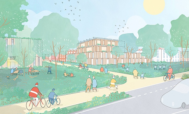 Visualisierung: Zeigt die Integration des Gewerbegebiets im Quartier