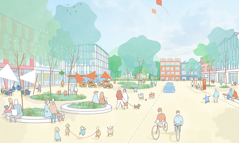 Visualisierung: Zeigt den zukünftigen Entreeplatz des Quartiers Visualisierung: Zeigt den zukünftigen Entreeplatz des Quartiers