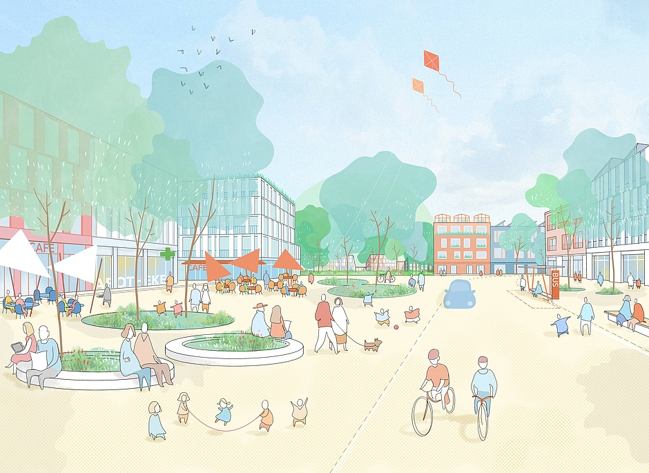 Visualisierung: Zeigt den zukünftigen Entreeplatz des Quartiers Visualisierung: Zeigt den zukünftigen Entreeplatz des Quartiers