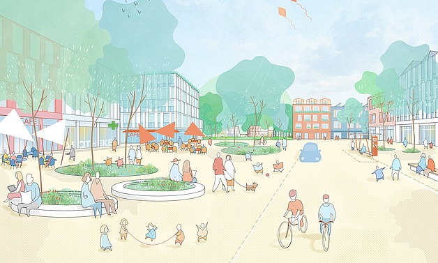 Visualisierung: Zeigt den zukünftigen Entreeplatz des Quartiers