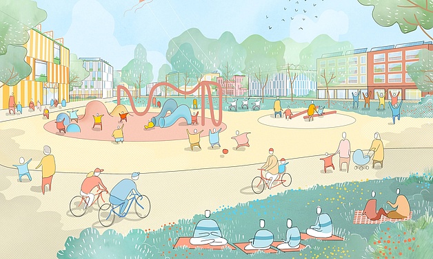 Visualisierung: Zeigt die grüne Mitte als Ort der Begegnung und Freizeit