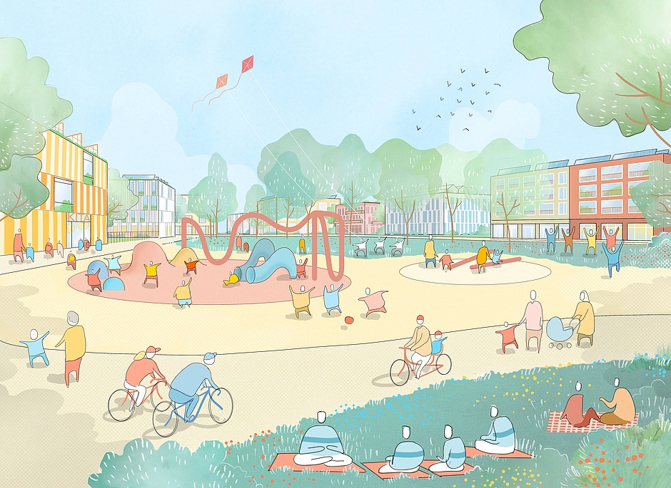 Visualisierung: Zeigt die grüne Mitte als Ort der Begegnung und Freizeit Visualisierung: Zeigt die grüne Mitte als Ort der Begegnung und Freizeit