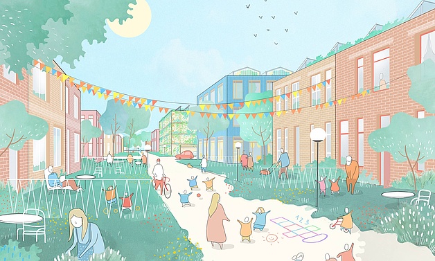 Visualisierung: Zeigt eine Wohnstraße im Quartier.