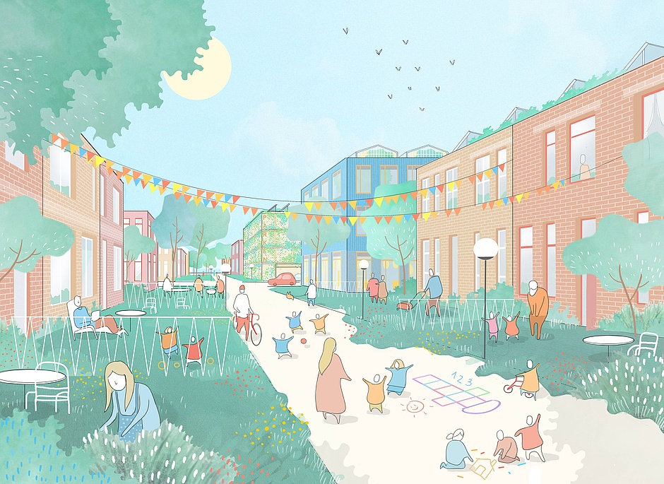 Visualisierung: Zeigt eine Wohnstraße im Quartier.